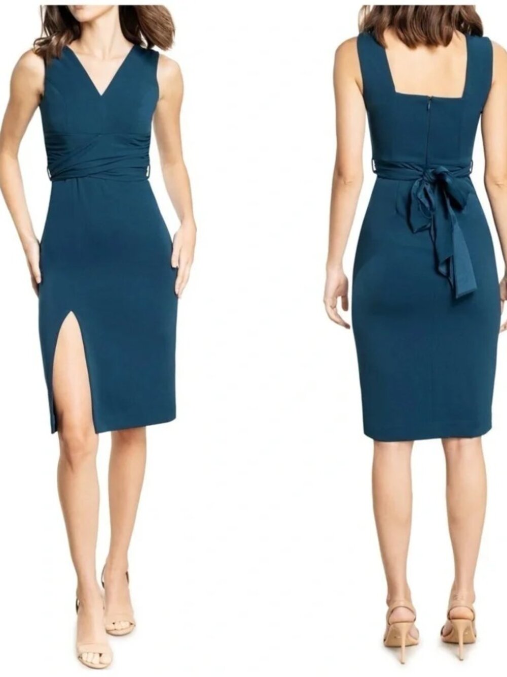 NWT Dress the Population Plunge Waist Tie Slit Midi Dress Peacock Blue Size L